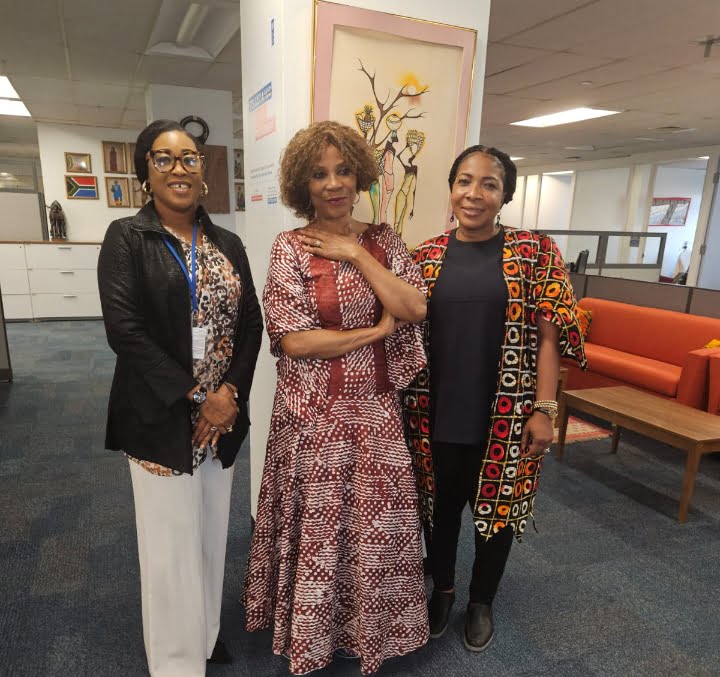 The Assistant Secretary General of the United Nations who also doubles as the UNDP Assistant Administrator and Director Regional Bureau for Africa, Ms. Ahunna Eziakonwa-Onochie (m), Mrs. Priscilla Otti (R) and aide