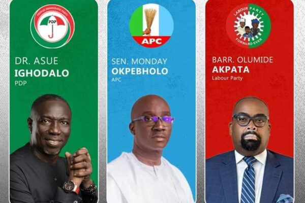 Dr. Asue Ighodalo (PDP), Sen. Monday Okpebholo (APC) and Barr. Olumide Akpata of LP