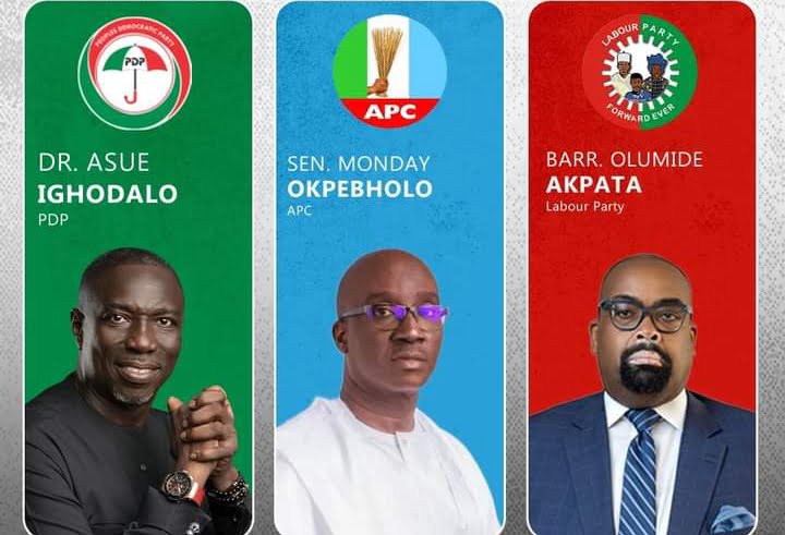 Dr. Asue Ighodalo (PDP), Sen. Monday Okpebholo (APC) and Barr. Olumide Akpata of LP
