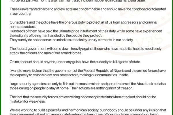 What President Bola Tinubu says about killing of Soldiers in Abia