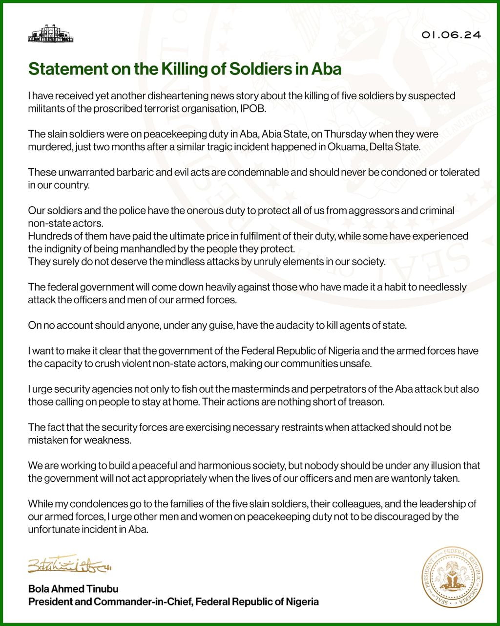 What President Bola Tinubu says about killing of Soldiers in Abia
