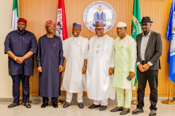 L-R: Chairman, Senate Committee on NDDC, Sen. Asuquo Ekpenyong, Chairman, Senate Committee on Banking, Sen. Adetokunbo Abiru, DG of NILDS, Prof. Abubakar O Sulaiman, President of the Senate and Chairman, NILDS' Governing Council, Dist. Sen. Godswill Obot Akpabio, CON, Senate Leader, Dist. Sen. Michael Opeyemi Bamidele, CON, Chairman, Sen. Committee on Solid Minerals, Sen. Osita Ngwu, During the Tour of NILDS' Permanent Site by President of the Senate on Friday, 7th June, 2024.