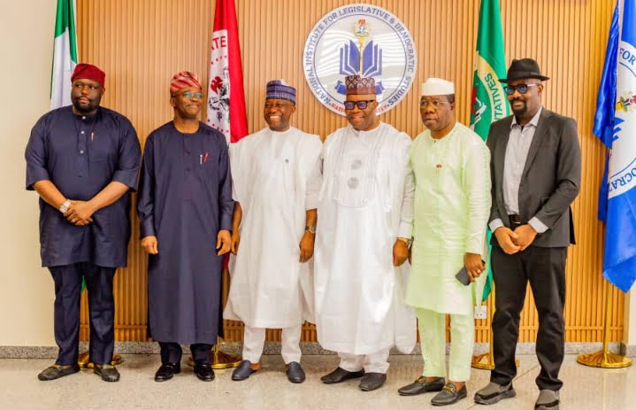 L-R: Chairman, Senate Committee on NDDC, Sen. Asuquo Ekpenyong, Chairman, Senate Committee on Banking, Sen. Adetokunbo Abiru, DG of NILDS, Prof. Abubakar O Sulaiman, President of the Senate and Chairman, NILDS' Governing Council, Dist. Sen. Godswill Obot Akpabio, CON, Senate Leader, Dist. Sen. Michael Opeyemi Bamidele, CON, Chairman, Sen. Committee on Solid Minerals, Sen. Osita Ngwu, During the Tour of NILDS' Permanent Site by President of the Senate on Friday, 7th June, 2024.