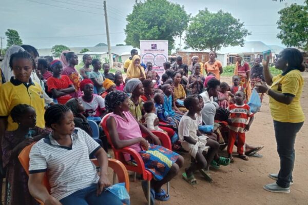 The Executive Director of Children Impact And Development Initiative (CIADI) Dr Mrs Adetoun Dally during sensitization programme at Kango community in Kuje area council of the FCT on Saturday.