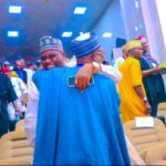 The Speaker of Nasarawa State House of Assembly, Rt. Hon. Danladi Jatau hugging his predecessor and Chairman governing council Federal Polytechnic Damaturu, Yobe State, Rt. Hon Ibrahim Balarabe Abdullahi