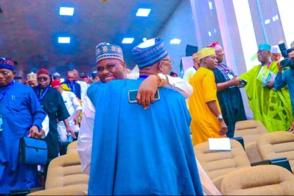 The Speaker of Nasarawa State House of Assembly, Rt. Hon. Danladi Jatau hugging his predecessor and Chairman governing council Federal Polytechnic Damaturu, Yobe State, Rt. Hon Ibrahim Balarabe Abdullahi