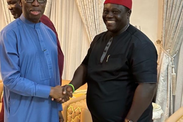 Former Delta State Governor, Sen. Dr. Arthur Ifeanyi Okowa and RT Hon Kingsley Edafiadjebre, the People's Democratic Party, PDP, Vice Chairmanship Candidate for Warri South Local Government Area