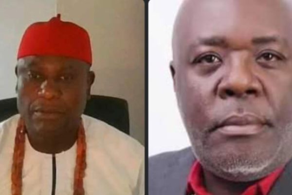 Former presidential hopeful, Chief CBN Onwusoanya Ezendigbo and the National Chairman of the All Progressives Grand Alliance (APGA), Chief Edozie Njoku