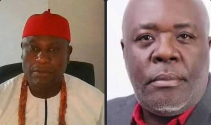 Former presidential hopeful, Chief CBN Onwusoanya Ezendigbo and the National Chairman of the All Progressives Grand Alliance (APGA), Chief Edozie Njoku