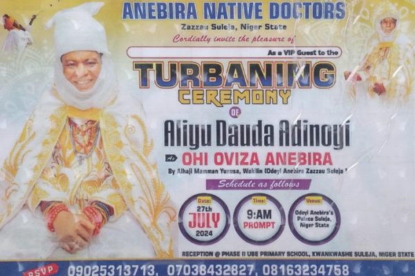 Alhaji Aliyu Daudu Adinoyi to be turban as Ohi Oviza Anebira Zazzau Suleja, Niger State