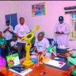 Chairman, House Committee on Environment and member representing Keana Constituency, Hon. Mohammed Adamu Omadefu listening to Africa's activists on Climate Change Justice who came to honour him at his office State Assembly complex, Lafia