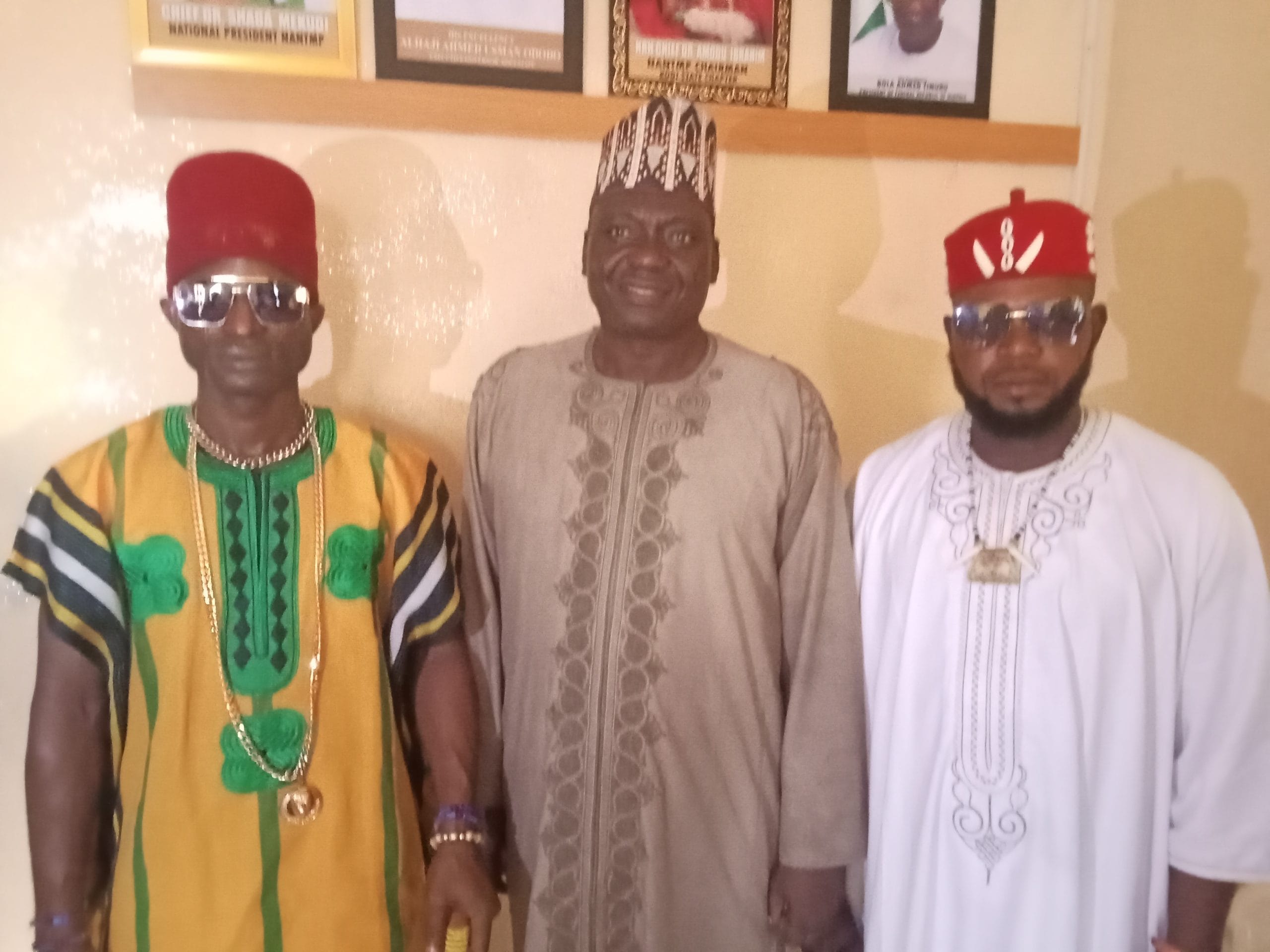 HRH Chief Dr. Amodu Ibrahim, Chairman of NANTMP's Kogi State chapter (L), Chief Dr. Shaba Mekudi, National President of NANTMP (M) and Dr. Shaibu Yunusa Oracle, Vice Chairman