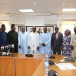 4th,Right , Executive Secretary, Chief Executive Officer, ES CEO, Universal Basic Education Commission UBEC, Dr Hamid Bobboyi and his management team, flanked by the Minister of FCT , Barrister Nyesom Wike and his directors at FCT during the visit of the management of UBEC to his office in Abuja.