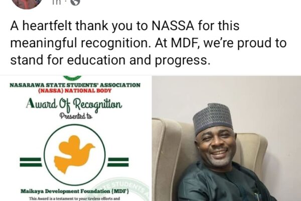 Alhaji Musa Muhammed Maikaya Acknowledges Award of Excellence from NASSA