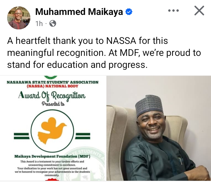 Alhaji Musa Muhammed Maikaya Acknowledges Award of Excellence from NASSA