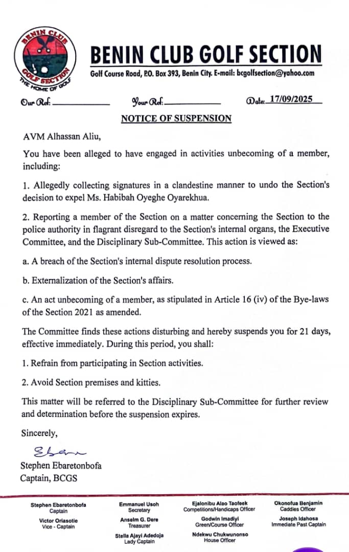 Benin Club Golf Section Suspends Air Vice Marshal Aliyu Over Fraud Allegations involving some Exco