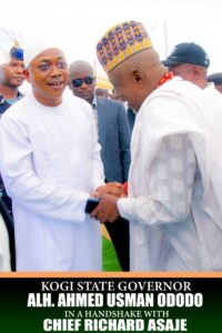 Kogi State Governor, HE Ahmed Usman Ododo (L) in a handshake with Chief Richard Asaje (R)