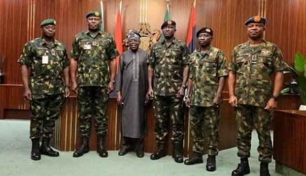 Service Chiefs in a pose with President Bola Ahmed Tinubu
