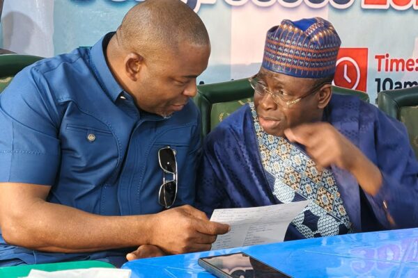 Kuje Chairman -elect Hon Samuel Danjuma Shekwolo with Senator Usman Jibrin Wowo during the inauguration of the LG APC executives on Thursday.