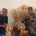 The Chairman of Kuje Area Council Hon Samuel Danjuma Shekwolo during his visit to Sa'Rubochiyi of Rubochi chiefdom HRH Alhaji Ibrahim Mohammed Pada at his palace on Saturday.