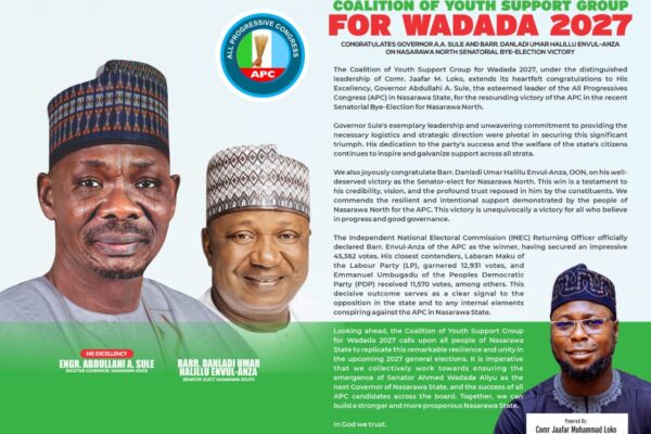 Coalition of Youth Support Group for Wadada 2027 Congratulates Gov. Sule, Envul-Anza on Nasarawa North Bye-Election Victory