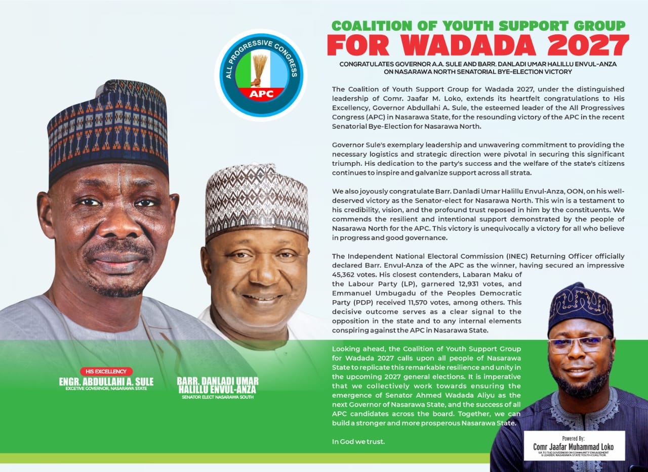 Coalition of Youth Support Group for Wadada 2027 Congratulates Gov. Sule, Envul-Anza on Nasarawa North Bye-Election Victory