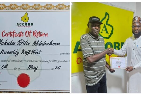 Hon. Alhaji Yakubu Atiku Abdulrahman receiving his Accord Party’s certificate of return