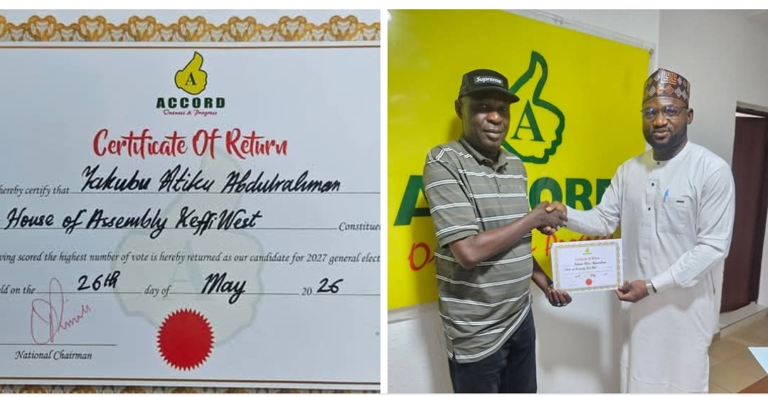 Hon. Alhaji Yakubu Atiku Abdulrahman receiving his Accord Party’s certificate of return