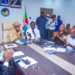 Jaro Egbo addressing journalists during his second anniversary press briefing.