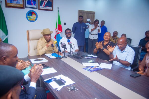 Jaro Egbo addressing journalists during his second anniversary press briefing.