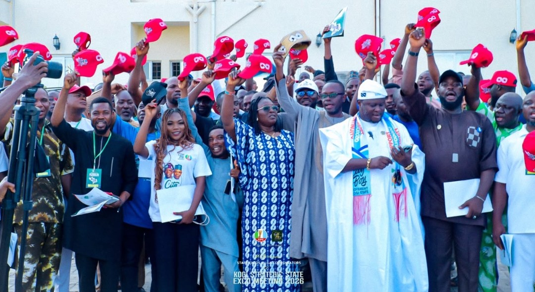 Hon. Ogah Mark Okpanachi and Hon. Jerry Olayemi with newly inaugurated City Boy Movement executives during the inauguration ceremony in Lokoja, Kogi State.