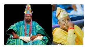 Olu of Apata, HRH Oba Amb. Fredrick Durojaiye Balogun (L), the Babogunwa of Igbaruku, High Chief Richard Asaje (R)