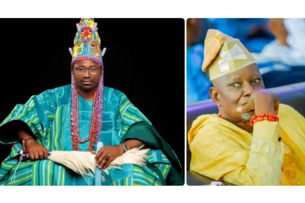 Olu of Apata, HRH Oba Amb. Fredrick Durojaiye Balogun (L), the Babogunwa of Igbaruku, High Chief Richard Asaje (R)