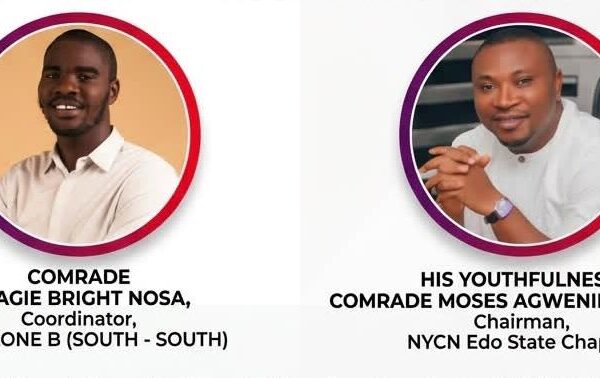 Coordinator, NANS ZONE B (SOUTH - SOUTH, Comrade Osagie Bright Nosa (L), Edo State Chairman NYCN, His Youthfulness, Comr. Moses Agwenide Joseph (R)