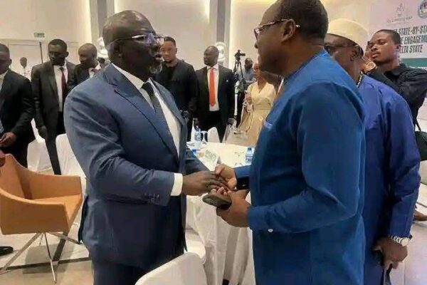 Rep. Francis Ejiroghene Waive (R) exchange pleasantry with Delta State Governor Sheriff Oborevwori