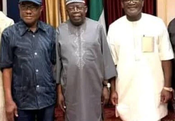 R: Samuel Ortom, President Bola Ahmed Tinubu and Eyesom Wike