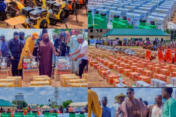 Mohammed Abubakar Adamu during distribution of agricultural inputs to beneficiaries in Nasarawa West
