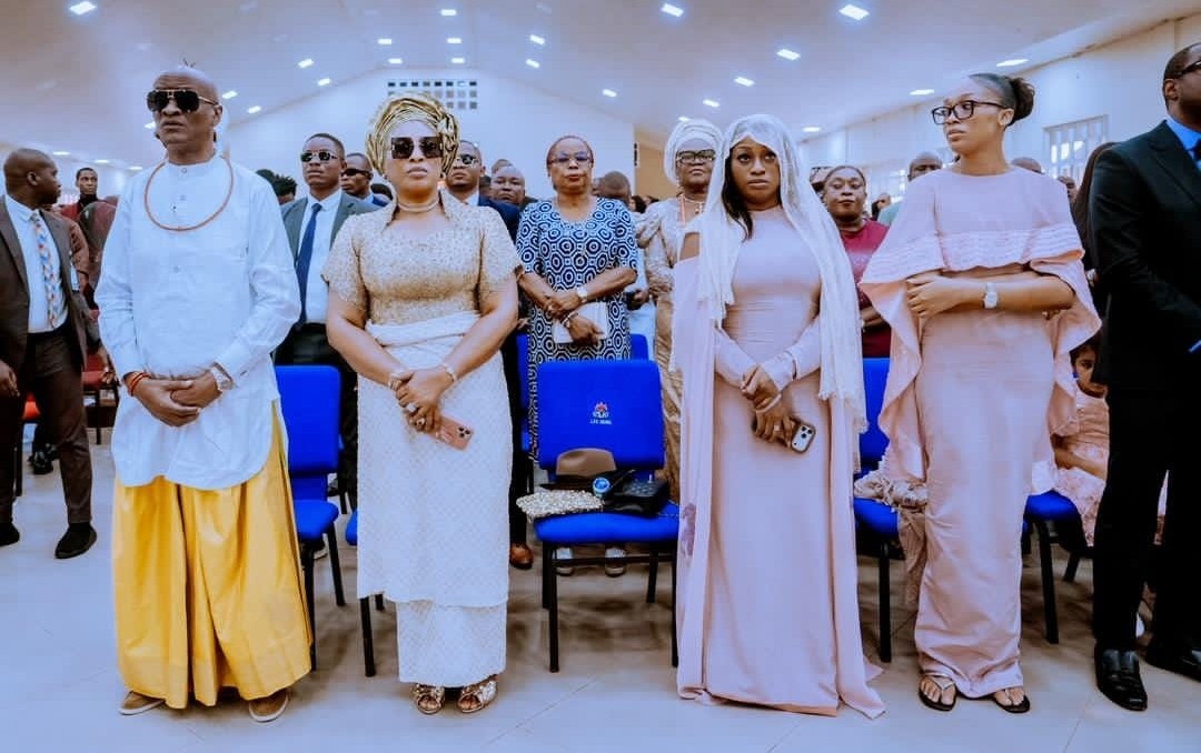 Governor Sheriff Oborevwori and Arigbodi family members at the wedding thanksgiving service in Asaba