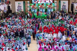 Betta Edu addresses APC women stakeholders during the Abuja summit.